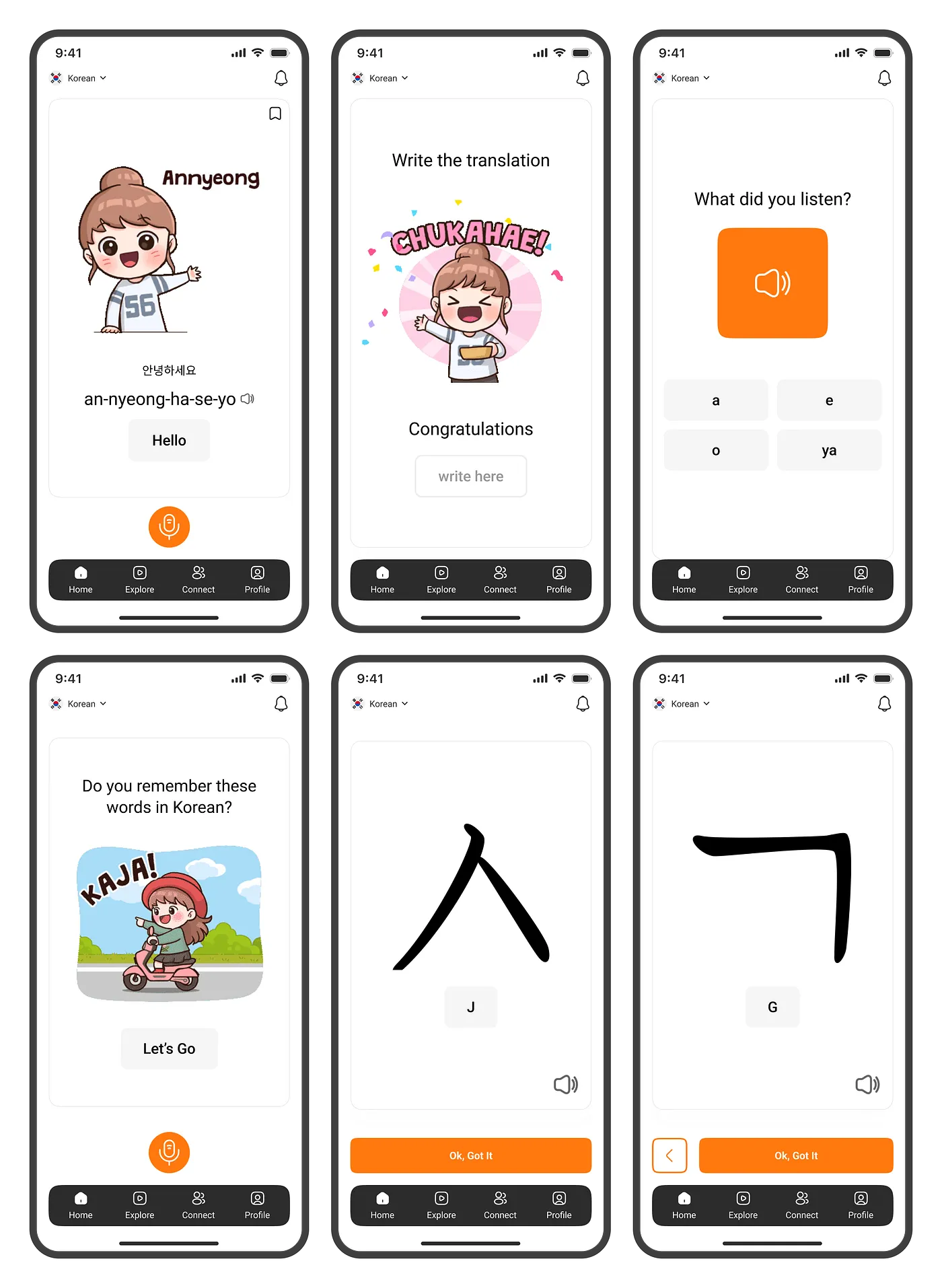Six redesigned learning screens: vocabulary card, congratulations celebration, listening exercise, vocab recall, and two character-recognition prompts