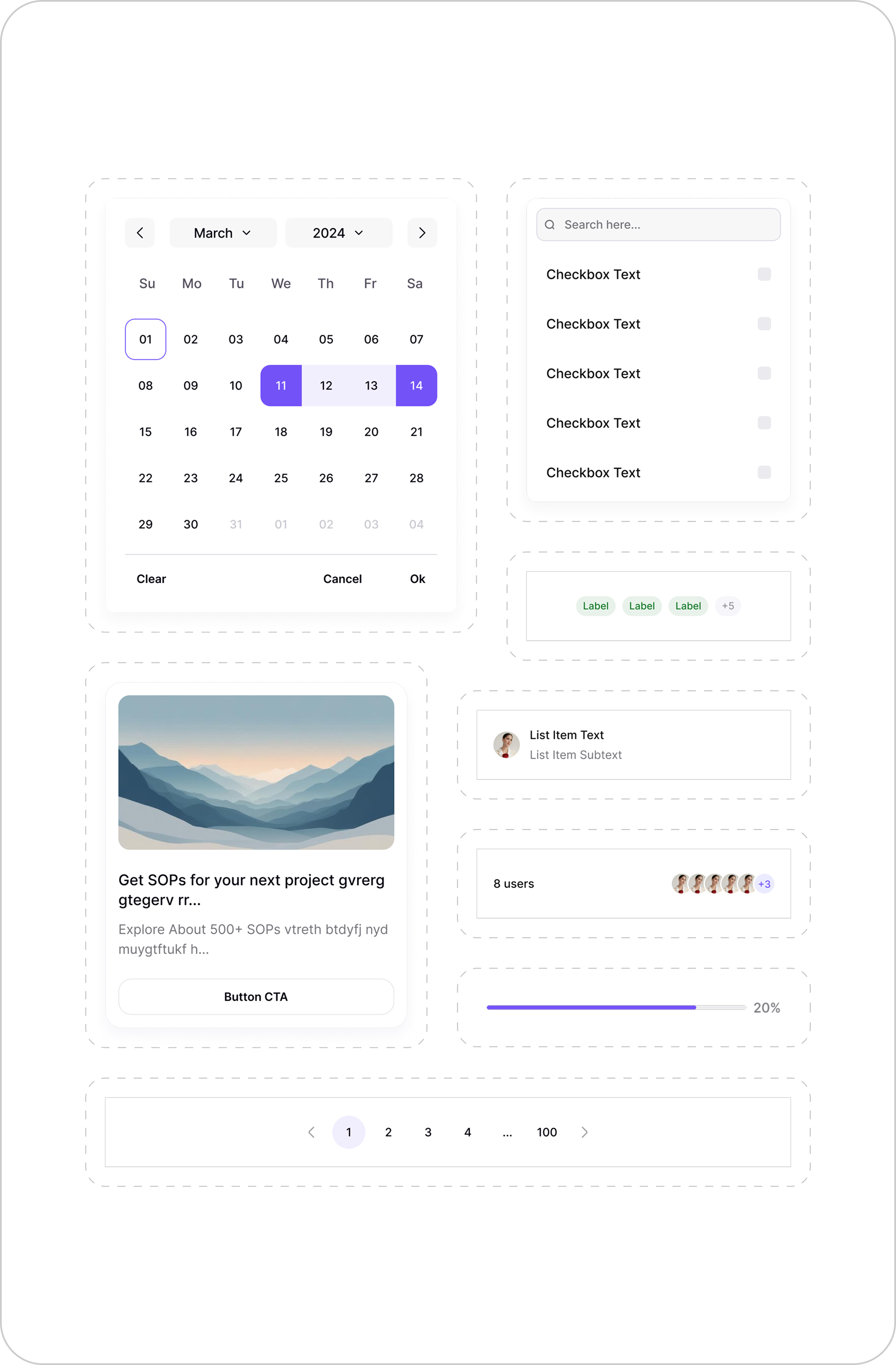 A selection of AjnaLens design system components: date picker, checkbox list, label group, content card, list item, avatar stack, progress bar and pagination.