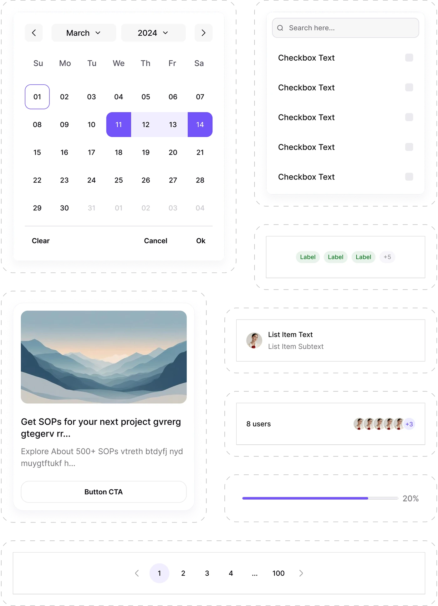 Component library: date picker, search with checkbox list, label group, list item, avatar stack, progress bar, pagination and card