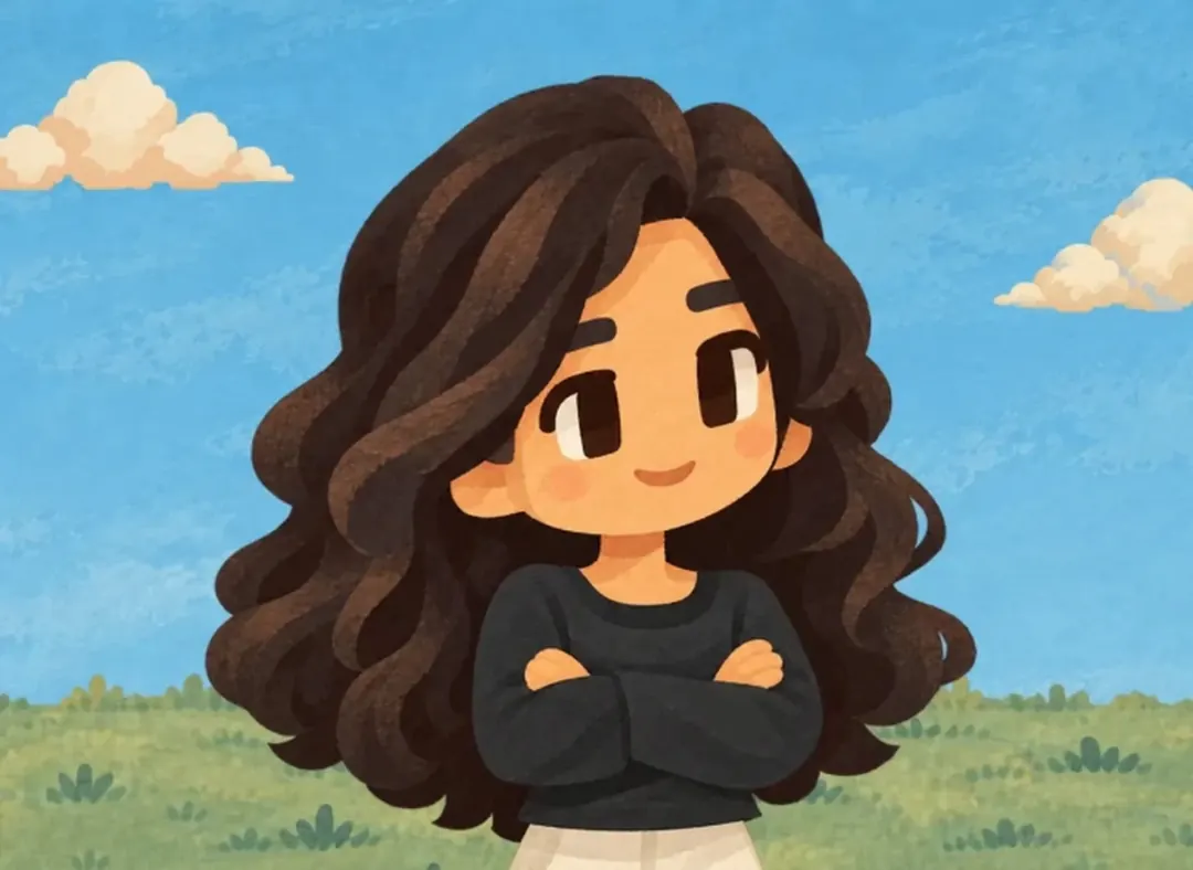 Illustrated Deepali in a meadow, arms crossed, pointing to herself with a wink